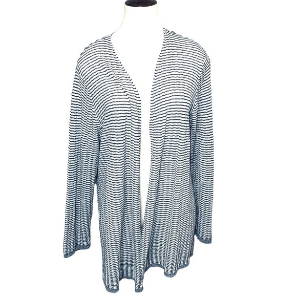 EILEEN Fisher Organic Linen Blend Striped Open Cardigan Sweater White Gray 1-2XL - Picture 2 of 13